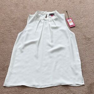 Vince Camuto Elegant White Sleeveless Blouse with pleating front detail. Ruffle